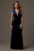 Laden Sie das Bild in den Galerie-Viewer, Königsblau Sheath Samt V-Ausschnitt Lang Feiertags Party Kleid mit Schlitz