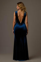 Laden Sie das Bild in den Galerie-Viewer, Königsblau Sheath Samt V-Ausschnitt Lang Feiertags Party Kleid mit Schlitz