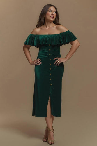 Dunkelgrün Sheath Schulterfreie Knöpfe Lang Feiertags Party Kleid mit Rüschen