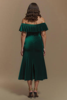 Dunkelgrün Sheath Schulterfreie Knöpfe Lang Feiertags Party Kleid mit Rüschen