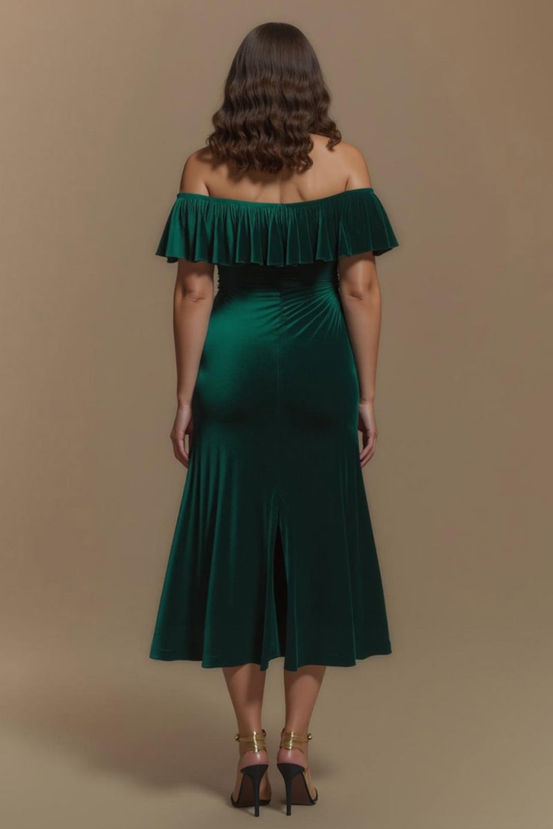 Laden Sie das Bild in den Galerie-Viewer, Dunkelgrün Sheath Schulterfreie Knöpfe Lang Feiertags Party Kleid mit Rüschen