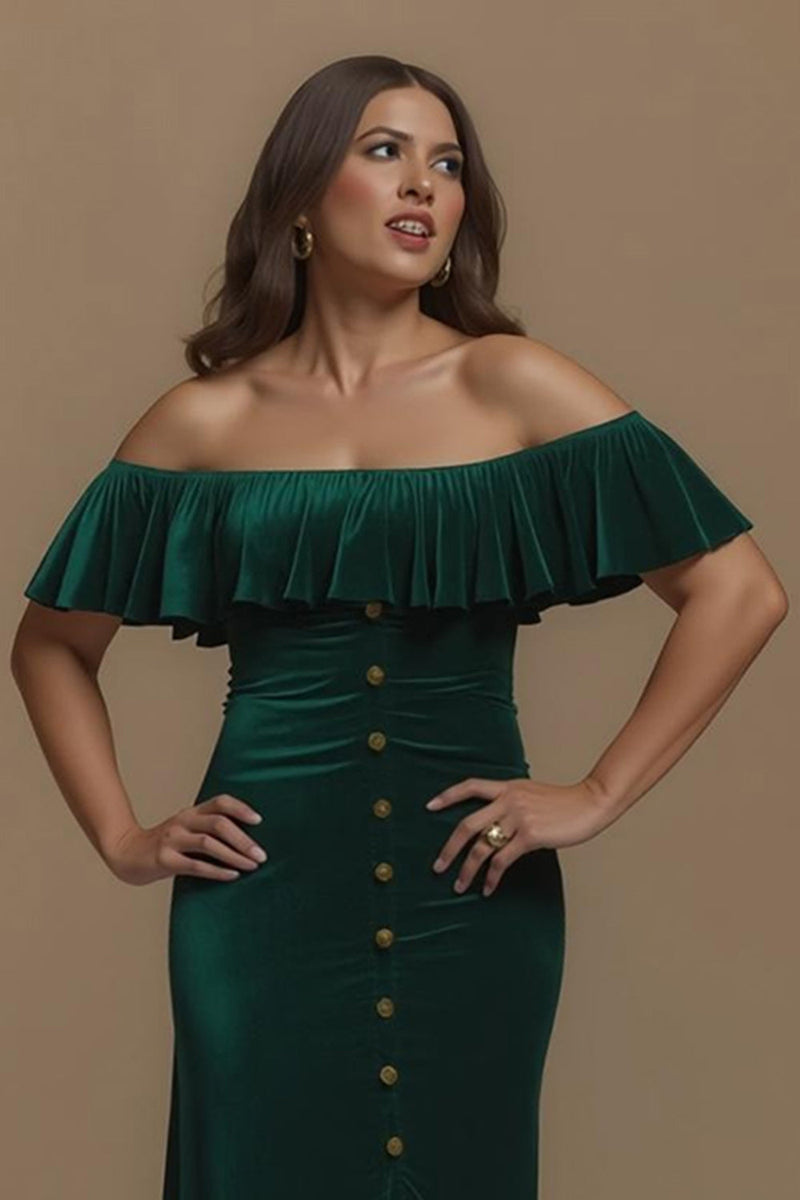 Laden Sie das Bild in den Galerie-Viewer, Dunkelgrün Sheath Schulterfreie Knöpfe Lang Feiertags Party Kleid mit Rüschen