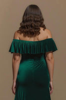 Laden Sie das Bild in den Galerie-Viewer, Dunkelgrün Sheath Schulterfreie Knöpfe Lang Feiertags Party Kleid mit Rüschen
