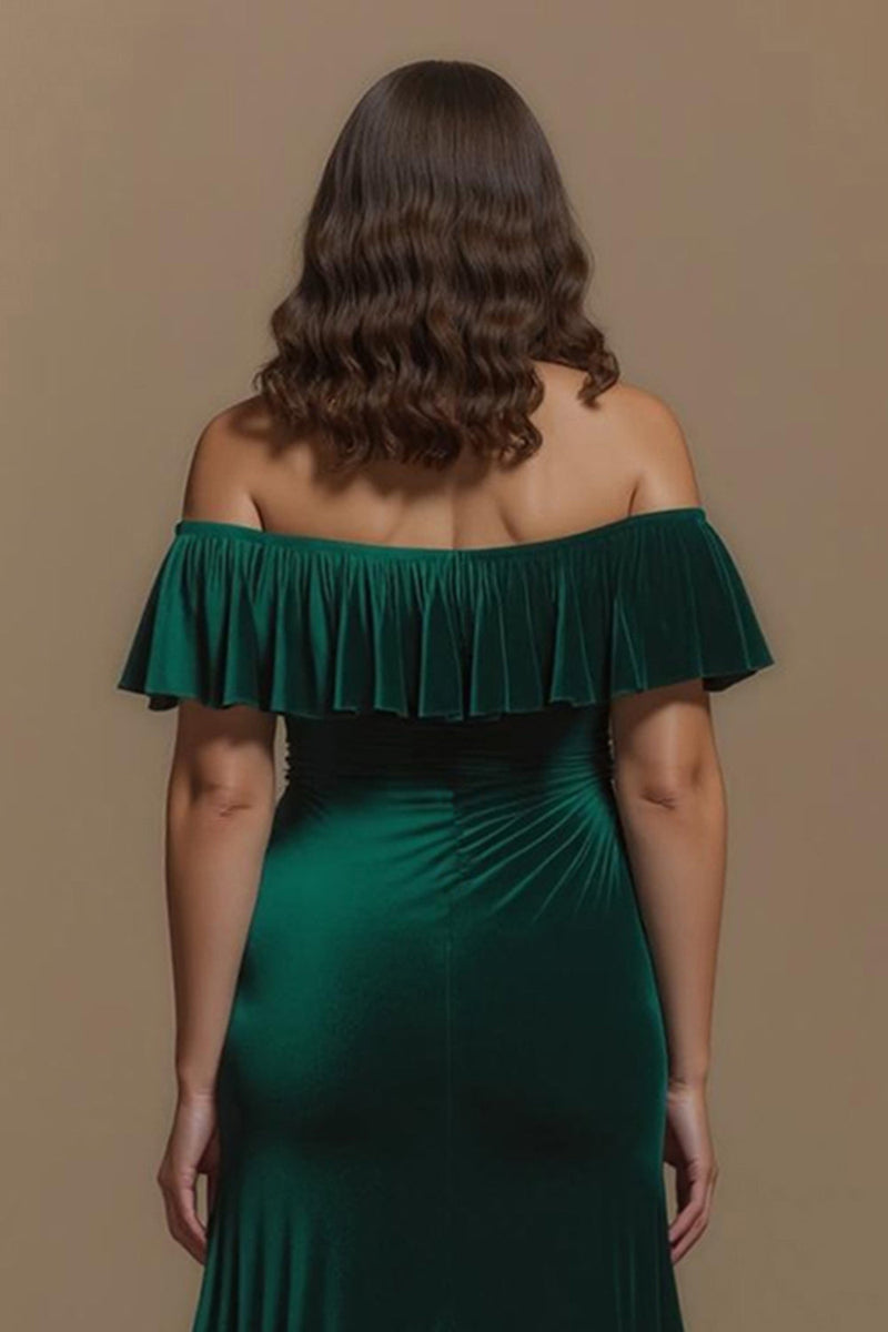 Laden Sie das Bild in den Galerie-Viewer, Dunkelgrün Sheath Schulterfreie Knöpfe Lang Feiertags Party Kleid mit Rüschen