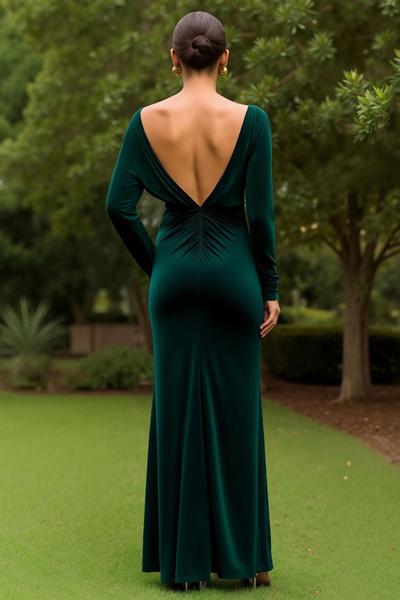 Laden Sie das Bild in den Galerie-Viewer, Dunkelgrün Sheath Samt Rüschen Lang Feiertags Party Kleid mit Schlitz