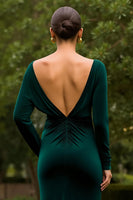 Laden Sie das Bild in den Galerie-Viewer, Dunkelgrün Sheath Samt Rüschen Lang Feiertags Party Kleid mit Schlitz