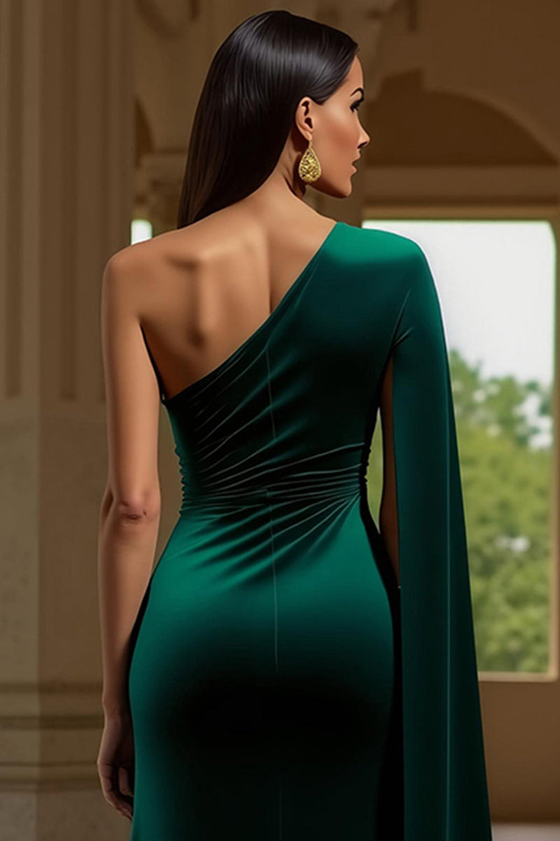 Laden Sie das Bild in den Galerie-Viewer, Dunkelgrün Sheath Ein-Schulter Samt Lang Feiertags Party Kleid mit Schlitz