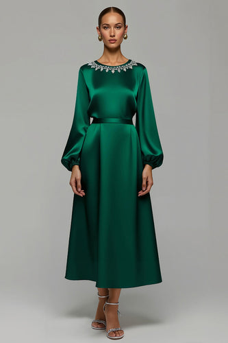 Glitzer Dunkelgrün A-Linie Satin Lang Ballkleid mit Strasssteinen