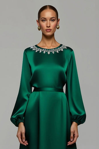 Glitzer Dunkelgrün A-Linie Satin Lang Ballkleid mit Strasssteinen