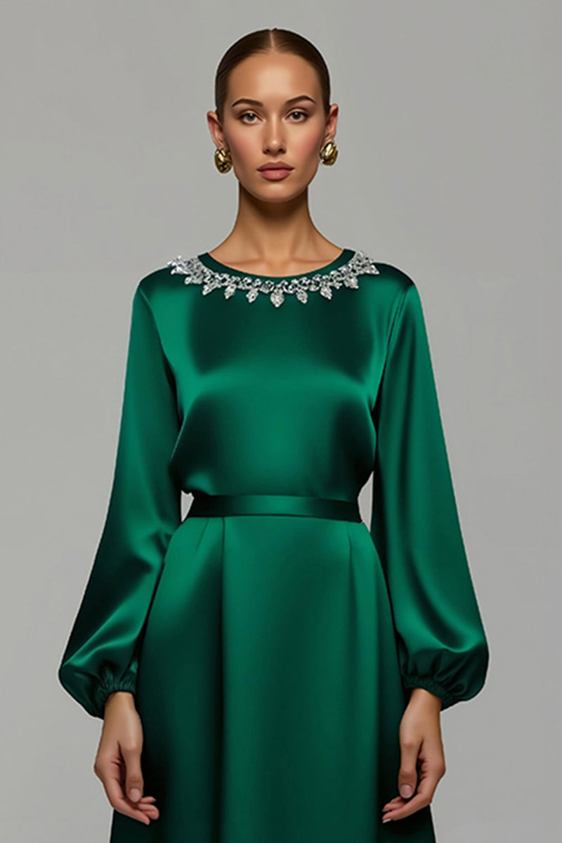 Laden Sie das Bild in den Galerie-Viewer, Glitzer Dunkelgrün A-Linie Satin Lang Ballkleid mit Strasssteinen