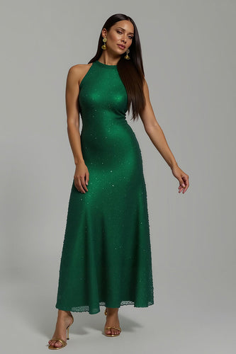 Glitzer Dunkelgrün Pailletten Sheath Hoher Kragen Lang Ballkleid