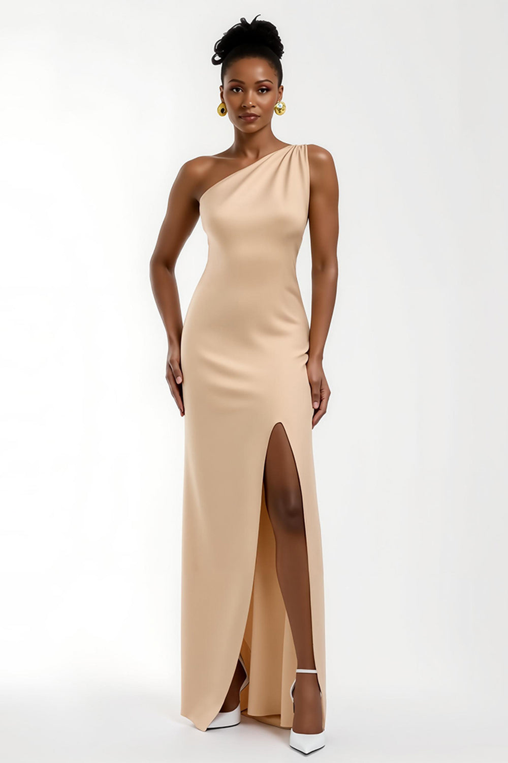 Champagner Ein-Schulter Satin Lang Formelle Kleid mit Schlitz