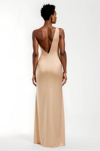 Champagner Ein-Schulter Satin Lang Formelle Kleid mit Schlitz