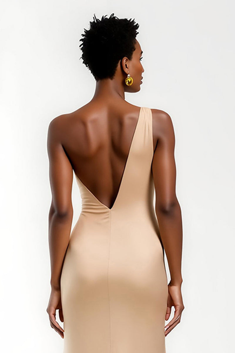 Laden Sie das Bild in den Galerie-Viewer, Champagner Ein-Schulter Satin Lang Formelle Kleid mit Schlitz