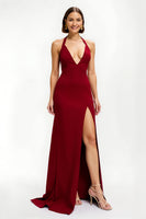 Laden Sie das Bild in den Galerie-Viewer, Rotes Satin Sheath Lang Feiertagsparty Kleid mit Schlitz