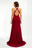 Laden Sie das Bild in den Galerie-Viewer, Rotes Satin Sheath Lang Feiertagsparty Kleid mit Schlitz