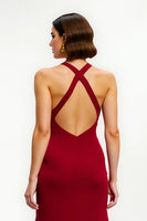Laden Sie das Bild in den Galerie-Viewer, Rotes Satin Sheath Lang Feiertagsparty Kleid mit Schlitz