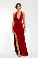 Laden Sie das Bild in den Galerie-Viewer, Rotes Sheath V-Ausschnitt Satin Lang Ballkleid mit Schlitz