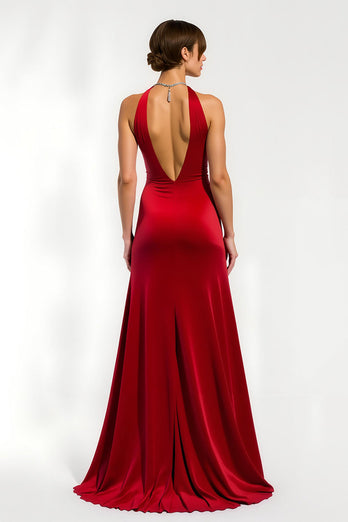 Rotes Sheath V-Ausschnitt Satin Lang Ballkleid mit Schlitz