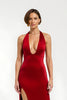 Laden Sie das Bild in den Galerie-Viewer, Rotes Sheath V-Ausschnitt Satin Lang Ballkleid mit Schlitz