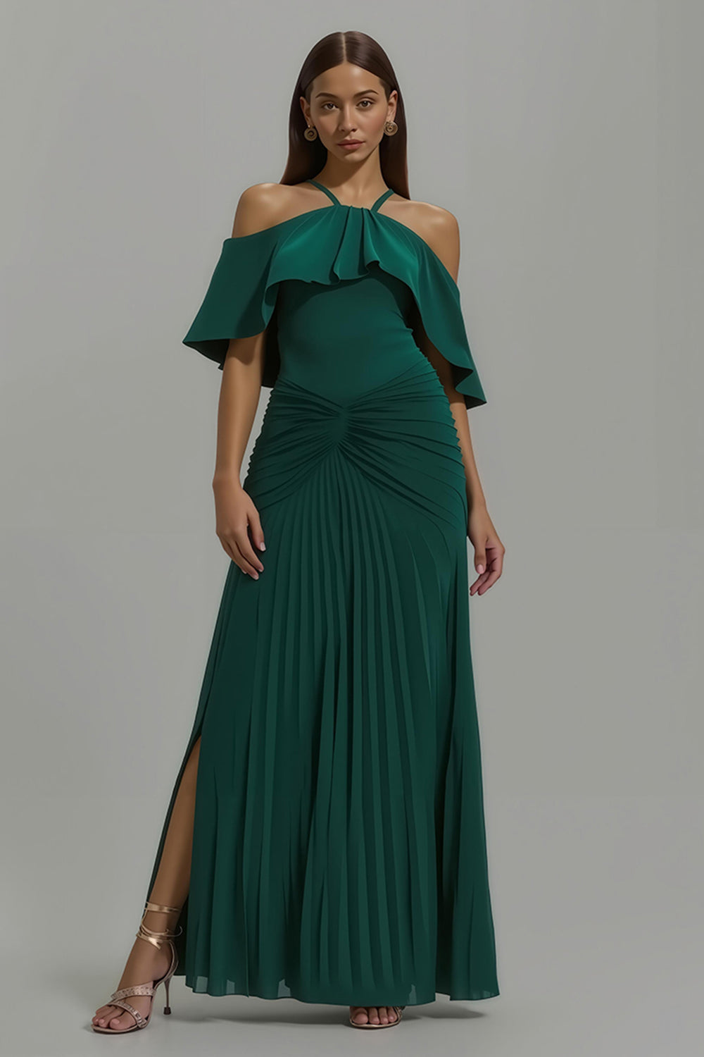 Dunkelgrün Sheath Plissee Lang Formelle Kleid mit Rüschen