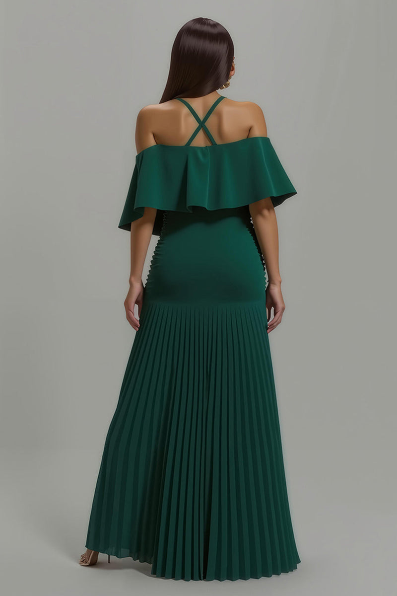 Laden Sie das Bild in den Galerie-Viewer, Dunkelgrün Sheath Plissee Lang Formelle Kleid mit Rüschen