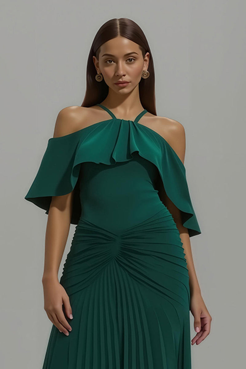 Laden Sie das Bild in den Galerie-Viewer, Dunkelgrün Sheath Plissee Lang Formelle Kleid mit Rüschen