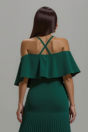 Dunkelgrün Sheath Plissee Lang Formelle Kleid mit Rüschen