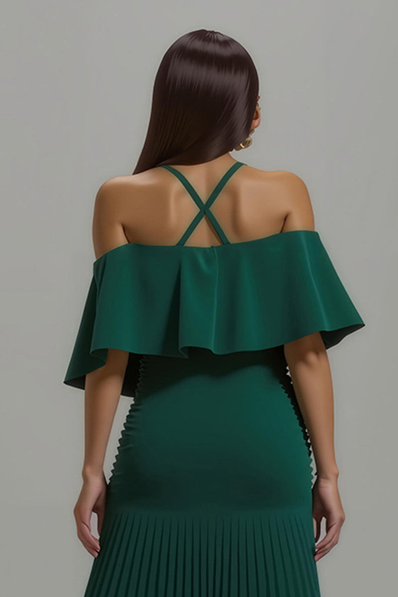 Laden Sie das Bild in den Galerie-Viewer, Dunkelgrün Sheath Plissee Lang Formelle Kleid mit Rüschen