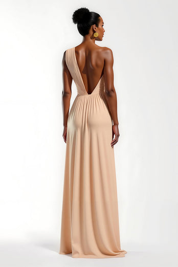 Champagner Satin Rüschen Sheath Lang Formelle Kleid