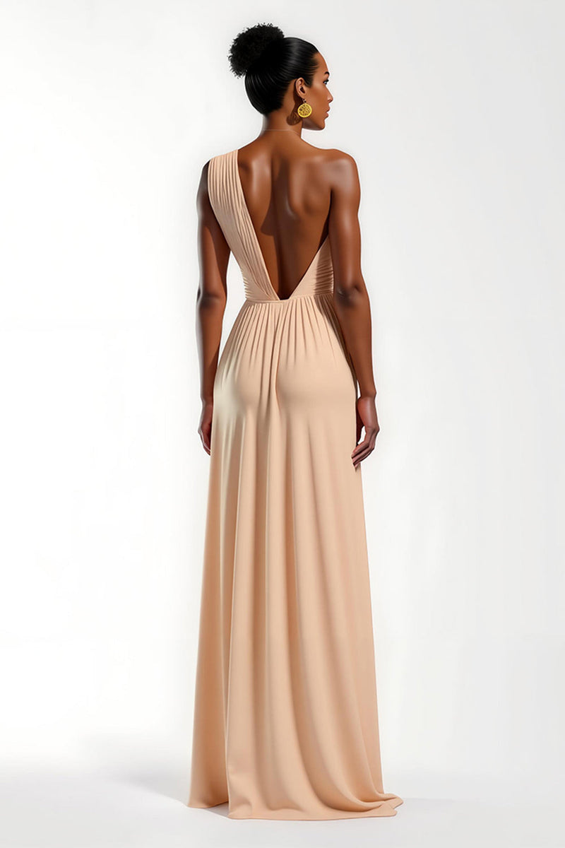 Laden Sie das Bild in den Galerie-Viewer, Champagner Satin Rüschen Sheath Lang Formelle Kleid