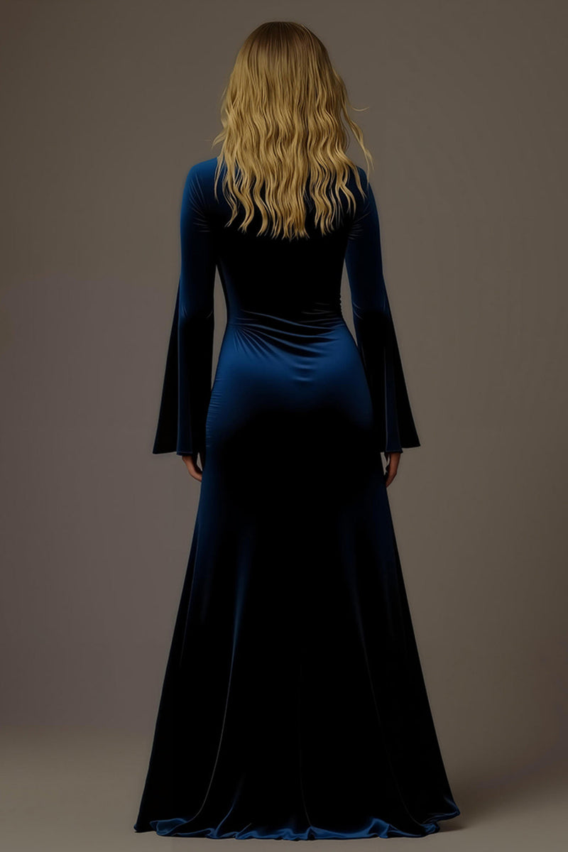 Laden Sie das Bild in den Galerie-Viewer, Königsblau Samt Sheath V-Ausschnitt Lang Feiertags Party Kleid