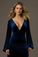Laden Sie das Bild in den Galerie-Viewer, Königsblau Samt Sheath V-Ausschnitt Lang Feiertags Party Kleid