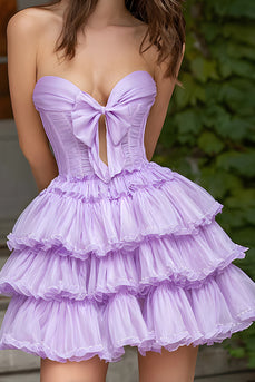 Lila A-Line Gestufte Herz-Ausschnitt Kurze Korsett Party Kleid mit Schleife