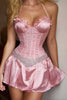 Laden Sie das Bild in den Galerie-Viewer, Glitzer Rosa Satin Neckholder Kurze Korsett Party Kleid mit Perlen