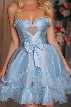 Blau Satin A-Line Gestufte Trägerlos Kurze Korsett Party Kleid