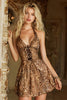 Laden Sie das Bild in den Galerie-Viewer, Kaffee Leopard A-Line Neckholder Neck Kurze Party Kleid