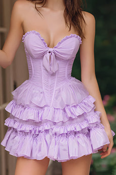 Lila A-Line Herz-Ausschnitt Rüschend Kurze Korsett Party Kleid mit Schleife