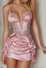 Laden Sie das Bild in den Galerie-Viewer, Glitzer Pink Satin Rüschend Neckholder Kurze Korsett Party Kleid mit Perlen