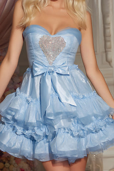 Glitzer Blau A Linie Herz-Ausschnitt Gestufte Kurze Party Kleid mit Schleife