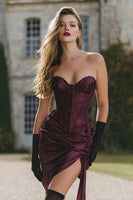 Laden Sie das Bild in den Galerie-Viewer, Bordeaux Enges Satin Trägerlos Geraffte Kurze Korsett Party Kleid