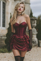 Laden Sie das Bild in den Galerie-Viewer, Bordeaux Satin Geraffte Trägerlos Kurze Korsett Party Kleid mit Rüschens