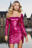 Laden Sie das Bild in den Galerie-Viewer, Glitzer Fuchsia Korsett Pailletten Kurzes Abiballkleid mit Ärmel