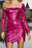 Laden Sie das Bild in den Galerie-Viewer, Glitzer Fuchsia Korsett Pailletten Kurzes Abiballkleid mit Ärmel