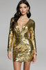Laden Sie das Bild in den Galerie-Viewer, Glitzer Golden Pailletten V-Ausschnitt Kurzes Abiballkleid mit Ärmel