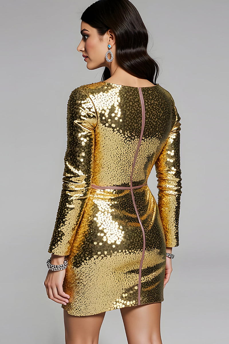 Laden Sie das Bild in den Galerie-Viewer, Glitzer Golden Pailletten V-Ausschnitt Kurzes Abiballkleid mit Ärmel