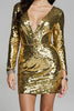 Laden Sie das Bild in den Galerie-Viewer, Glitzer Golden Pailletten V-Ausschnitt Kurzes Abiballkleid mit Ärmel