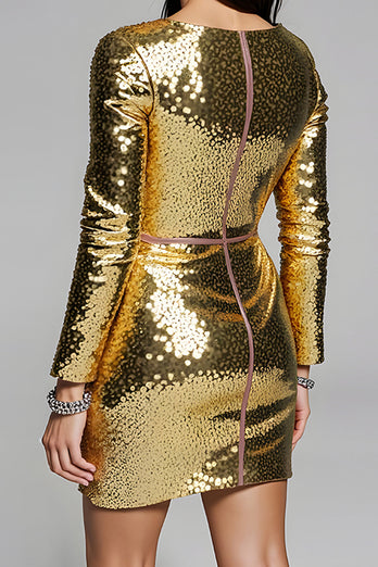 Glitzer Golden Pailletten V-Ausschnitt Kurzes Abiballkleid mit Ärmel