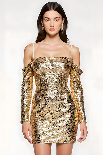 Glitzer Golden Kalte Schulter Pailletten Kurzes Abiballkleid mit Ärmel