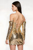Laden Sie das Bild in den Galerie-Viewer, Glitzer Golden Kalte Schulter Pailletten Kurzes Abiballkleid mit Ärmel